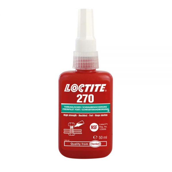 LOCTITE® 270 este un adeziv pt.asg.filete de rezist.mare pt.efic. max.in fix. si etans.suruburilor, piulitelor si bolturilor pt.a prev.slabirea cauzata de vibratii. Blocheaza perm.ansambl.care nu trebuie sa fie slabite. Eficient pe toate metalele, incl.pe substr.pasive, precum otel inox., aluminiu si supraf.placate. Tolereaza usoare contaminari de uleiuri ind., de ex. uleiuri de motor, anticoroz.si lichide de racire (la taiere). Se indeparteaza prin incalzire la 300 °C.