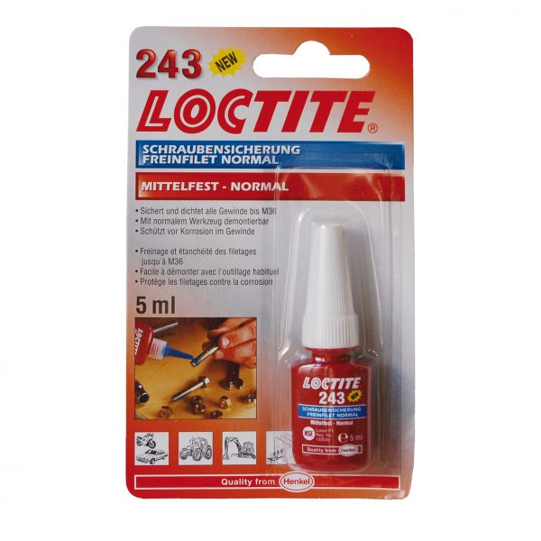 LOCTITE 243 este un adeziv pentru asigurarea asamblărilor filetate cu rezistență medie, care fixează și etanșează piulițe și șuruburi pentru a preveni slăbirea cauzată de șocuri și vibrații.