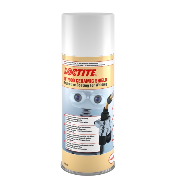 packshot_INDV_Loctite_SF_7900_1238883_ceramic_shield_400ml_09_2019 LOCTITE® SF 7900 confera o acoperire ceramică unică, fără silicon si împiedică lipirea stropilor de sudură, de echipamentul de sudură.